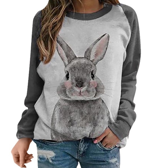 New! Women’s Bunny Rabbit Print Long Sleeve T-Shirt Casual Tee Size Small - Picture 2 of 13